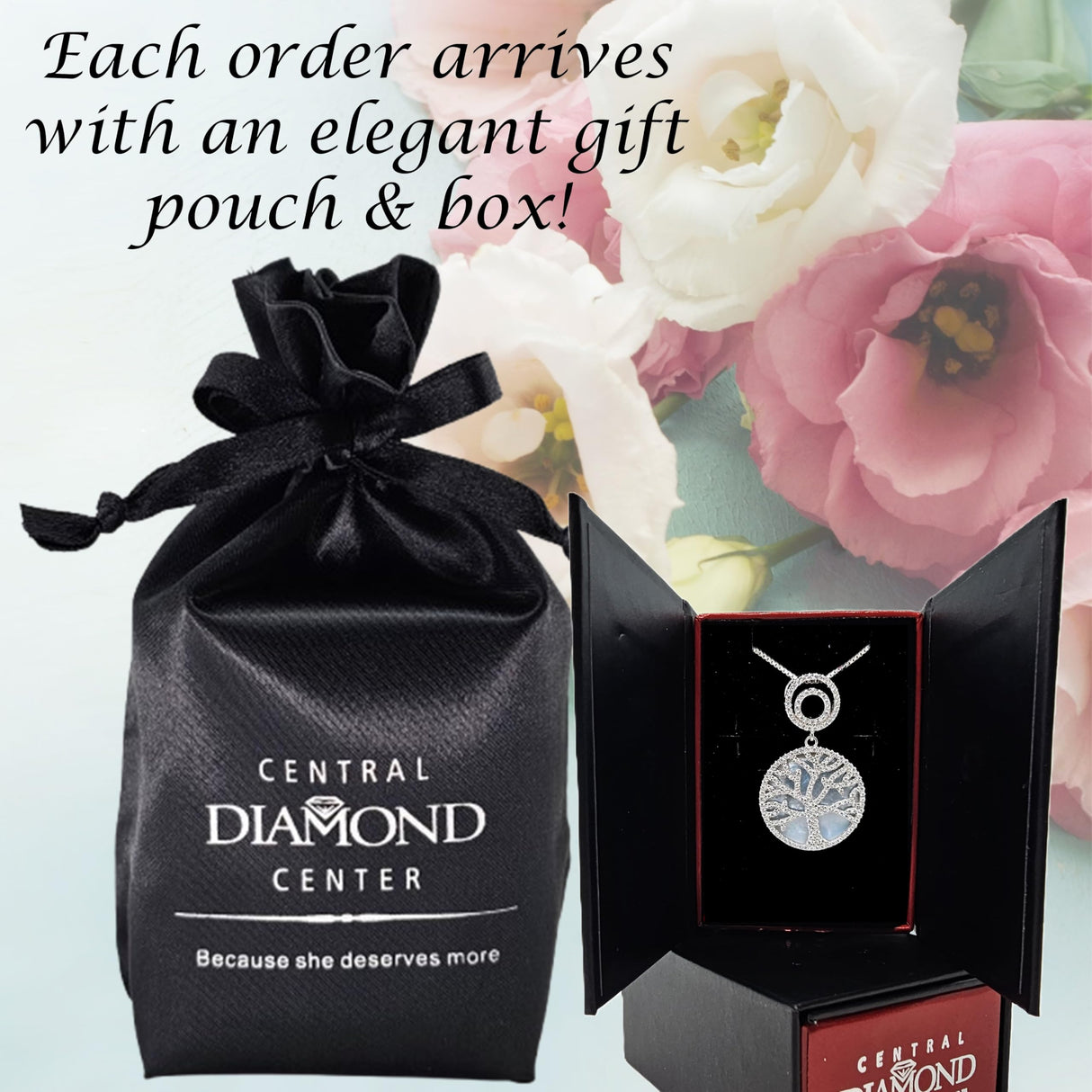 Central Diamond Center Sterling Silver Tree of Life Pendant Necklace or Earrings with CZ and Mother of Pearl – Gift for Women